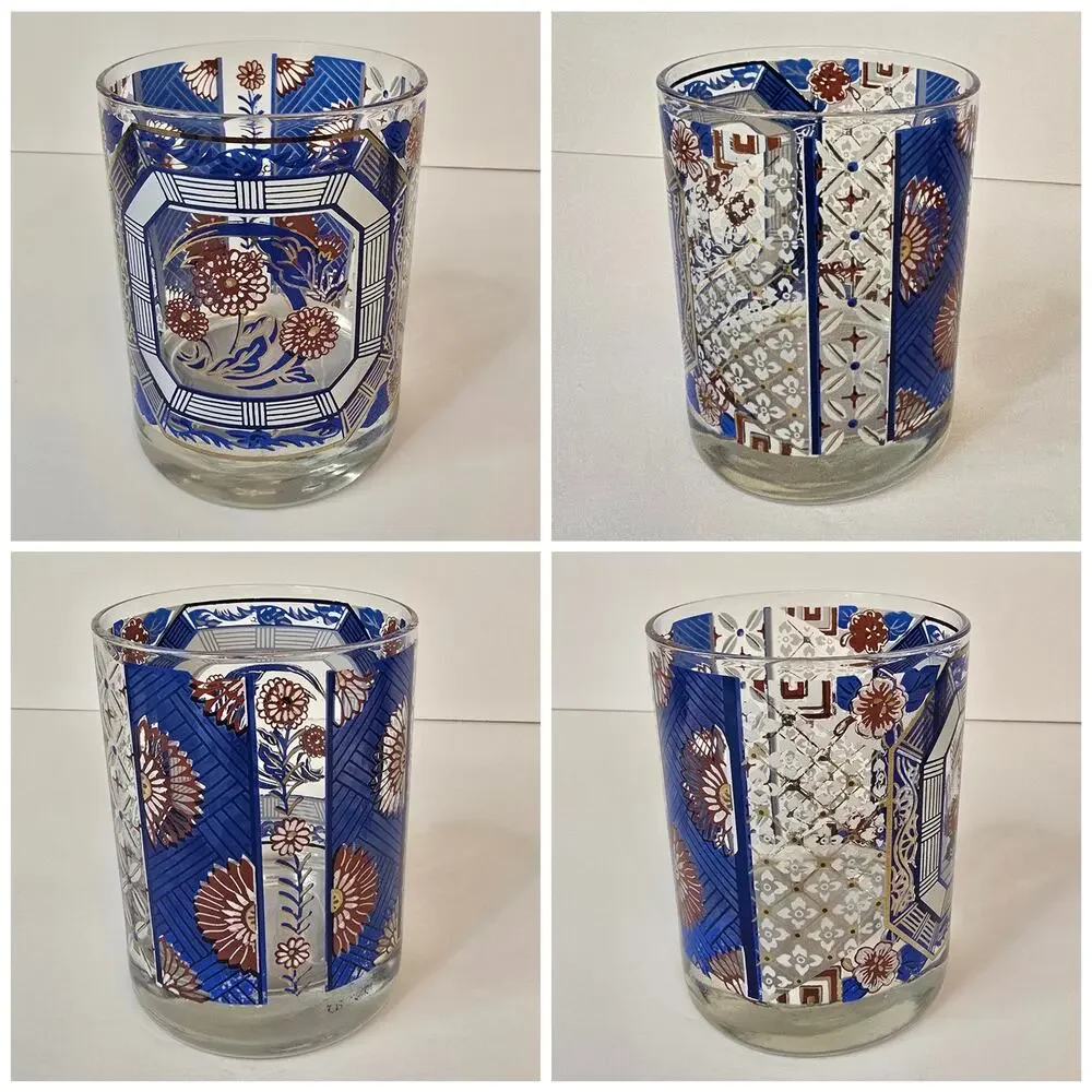 3 Old Fashioned Lowball Rocks Glasses Blue Oriental Imari Pattern Gold Vtg MCM